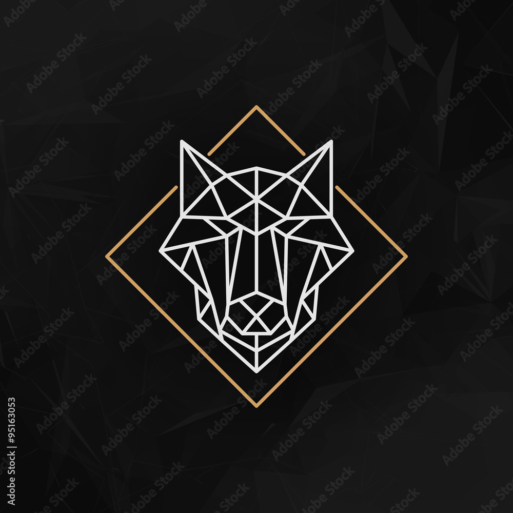 Obraz premium The wolf head logo (Icon) - Vector illustration. The wolf head in outline low poly style on the dark abstract geometric background.
