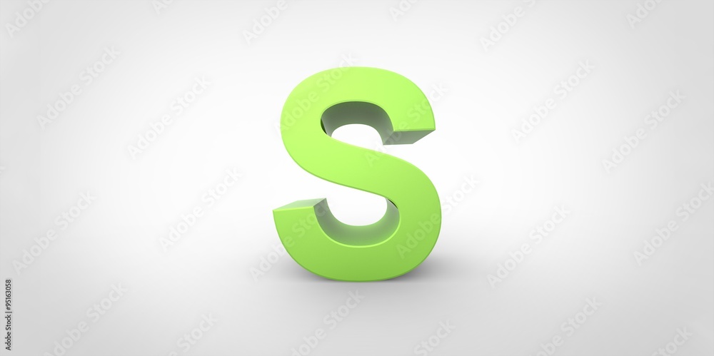S 3D font big neon green letter standing on white gray background S 3D font big neon green letter standing on white gray background