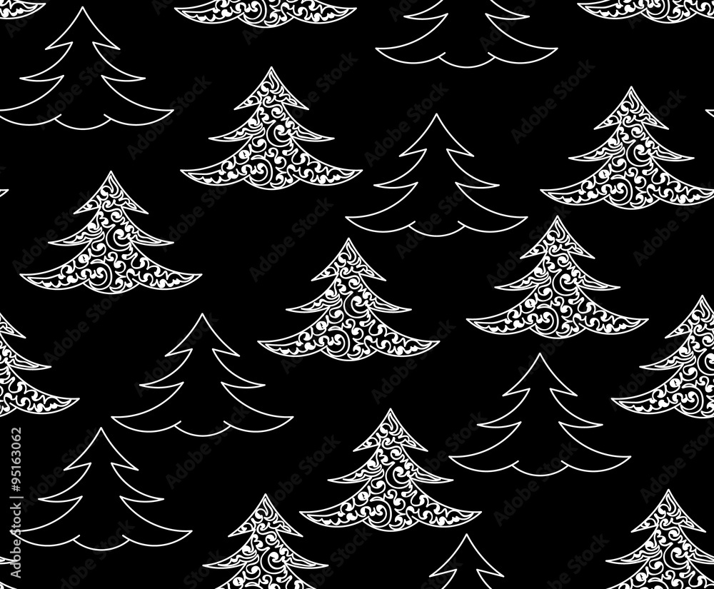 Obraz premium Happy New Year vector seamless background with white figured Christmas trees