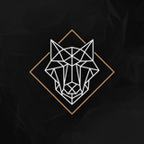 The wolf head logo (Icon) - Vector illustration. The wolf head in outline low poly style on the dark abstract geometric background.