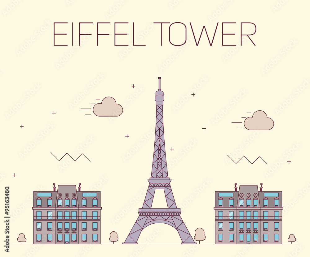 Eiffel tower in Paris. Vector illustration on yellow