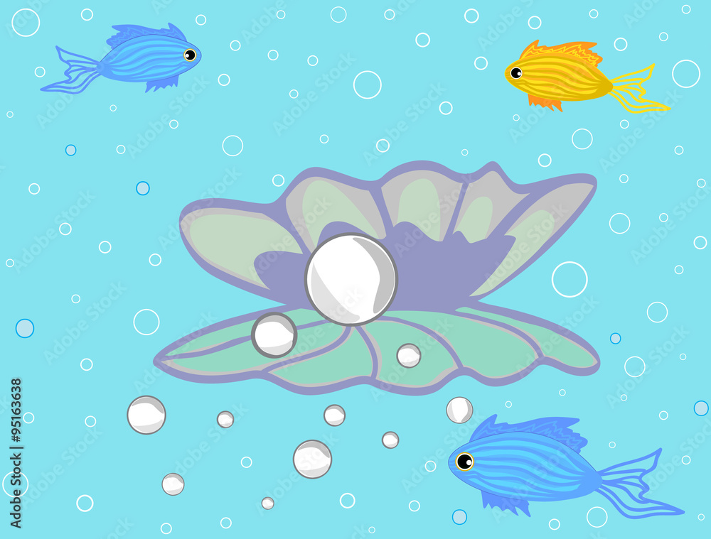 Vector illustration with sea fish and pearl in shell Vector illustration with sea fish and pearl in shell