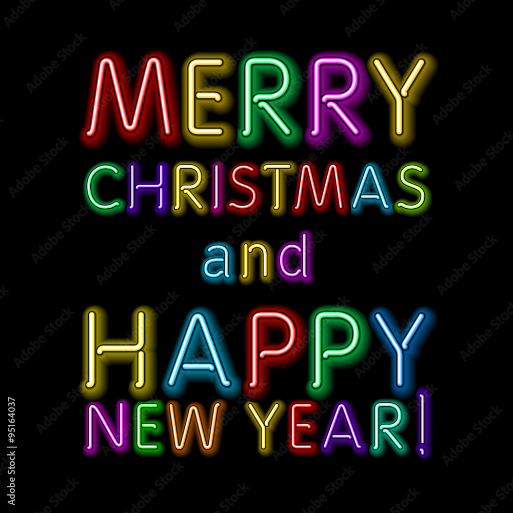 Merry Christmas Card with Neon Color and Bokeh Lighting Background Merry Christmas Card with Neon Color and Bokeh Lighting Background
