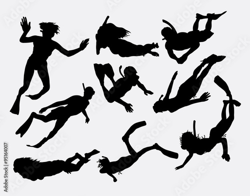 Swimming snorkeling, diving, man and woman sport activity silhouette. Good use for symbol, logo, web icon, mascot, game element, sticker, or any design you want. Easy to use. 