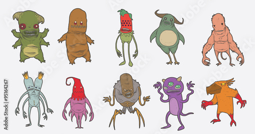 Cartoon image of ten different monsters mutants of various shapes, colors and types on a white background.