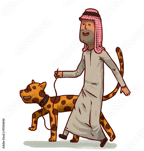 Vector cartoon image of Arabic man with a black bristles in white dishdashas and pink keffiyeh walking his orange-black leopard on a leash on a white background.