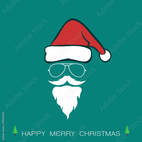 Santa hats and beards and eyeglasses on blue background. Christm