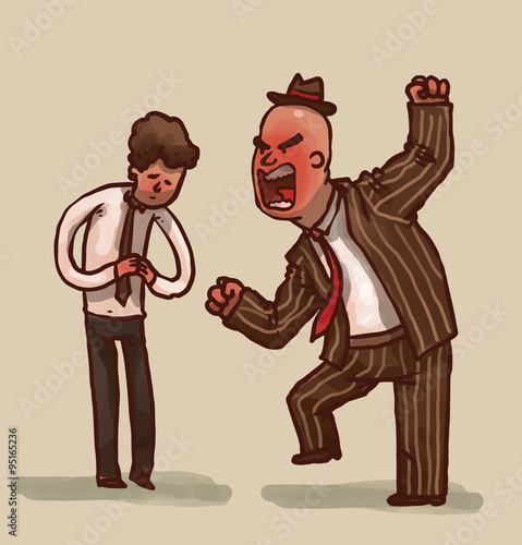 Vector cartoon image of a bald angry boss in a brown striped suit and hat yelling at a subordinate with brown hair in black trousers, white shirt on a light background.