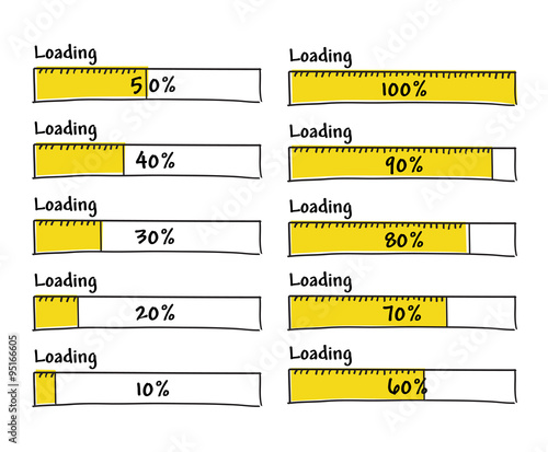Set of progress loading bars 100 percent complete, hand drawn