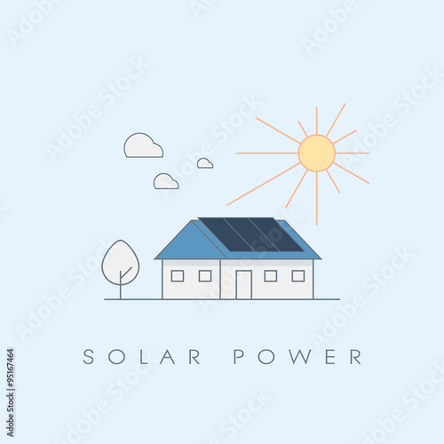 Solar power energy house line icon ecological concept. Photovoltaic panels on roof
