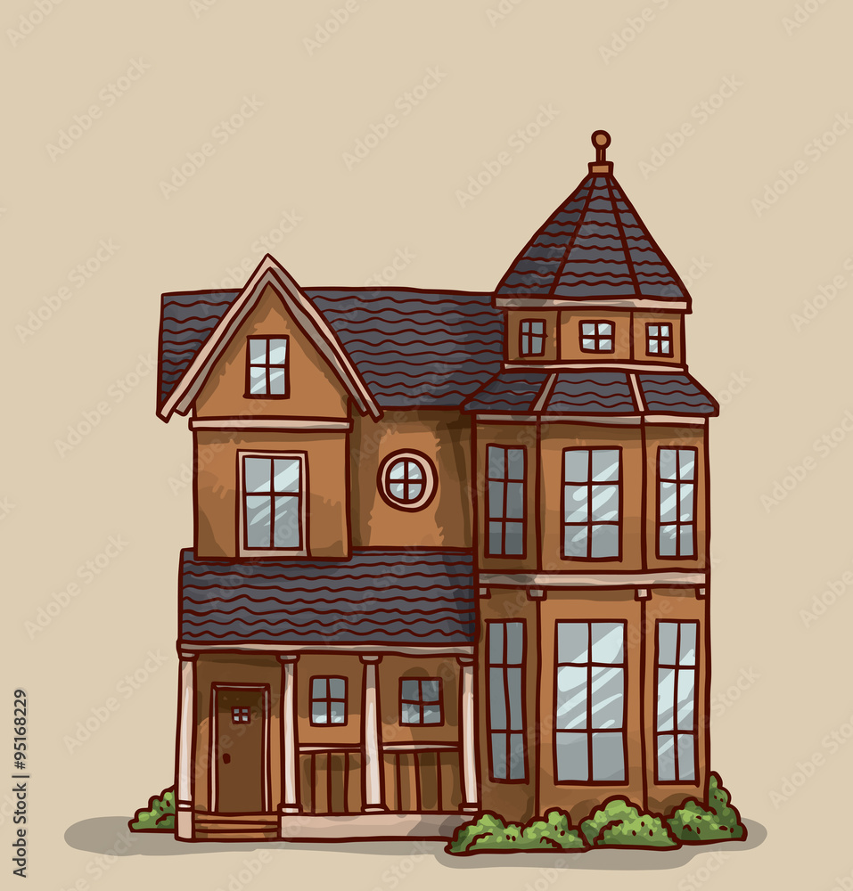 Vector cartoon image of a cute little brown house with dark gray roof, three floors, fourteen windows and brown door with green spaces around on a light background.