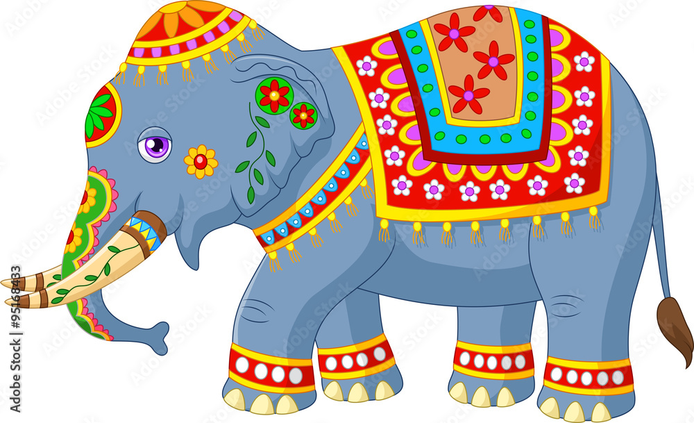 Fototapeta premium Cartoon elephant with indian classic traditional costume