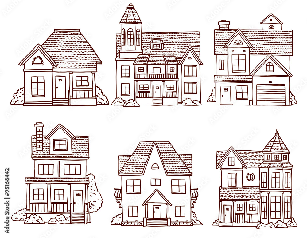 Vector Small cute houses set. Line cartoon image of cute six small houses of various sizes and structures on a white background.