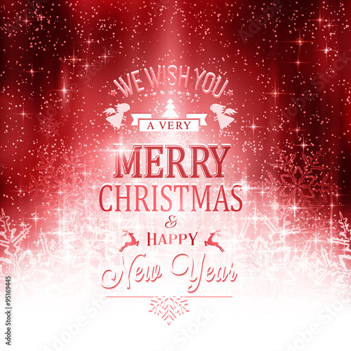 Red white Merry Christmas typography card with lights and snowfl photo