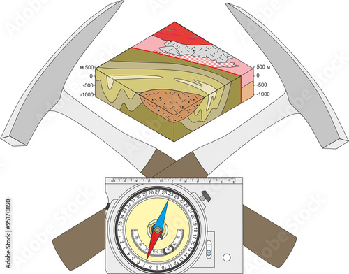 Geological compass, geological hammer and a block diagram.