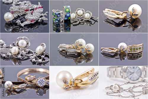 set of photos - jewelry of gold and silver with pearls