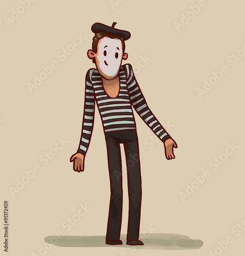 Vector cartoon image of a mime with brown hair and a white face in black pants, black-and-white striped jacket and black beret standing on a light background.