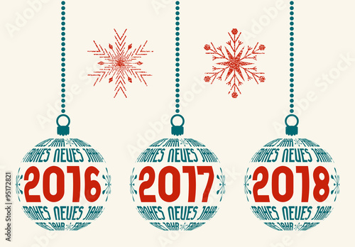 German Happy New Year graphic design elements for years 2016, 2017, 2018. Isolated Christmas balls with Germany text Frohes Neues Jahr and years with two grunge snowflakes.