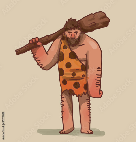 Vector Caveman running with a spear. Cartoon image of the caveman with brown hair in leopard loincloth standing with a brown cudgel in his hand on a light background.