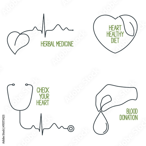 Set of linear medical icons and emblems for cardiology, heart health care and blood donation