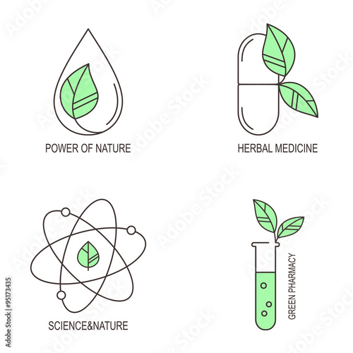 Set of linear medical icons and emblems for herbal medicine and green pharmacy