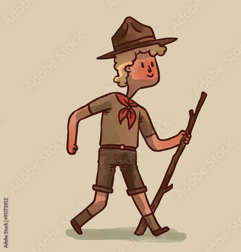 Vector Boy Scout, blonde hair. Cartoon image of a boy scout with blond hair in a green shorts, light brown shirt, hat  and a red tie with wooden stick in his hand on a light background.