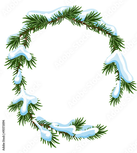 Christmas frame spruce branches in snow