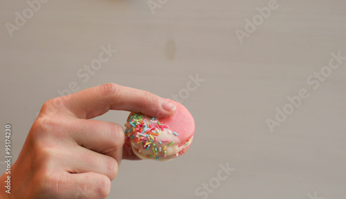 Chocolate Dipped Pink Macaroons with Berries Buttercream and Sprinkles