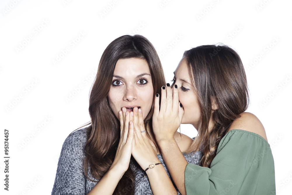 Good friends counting secrets isolated on white background Good friends counting secrets isolated on white background