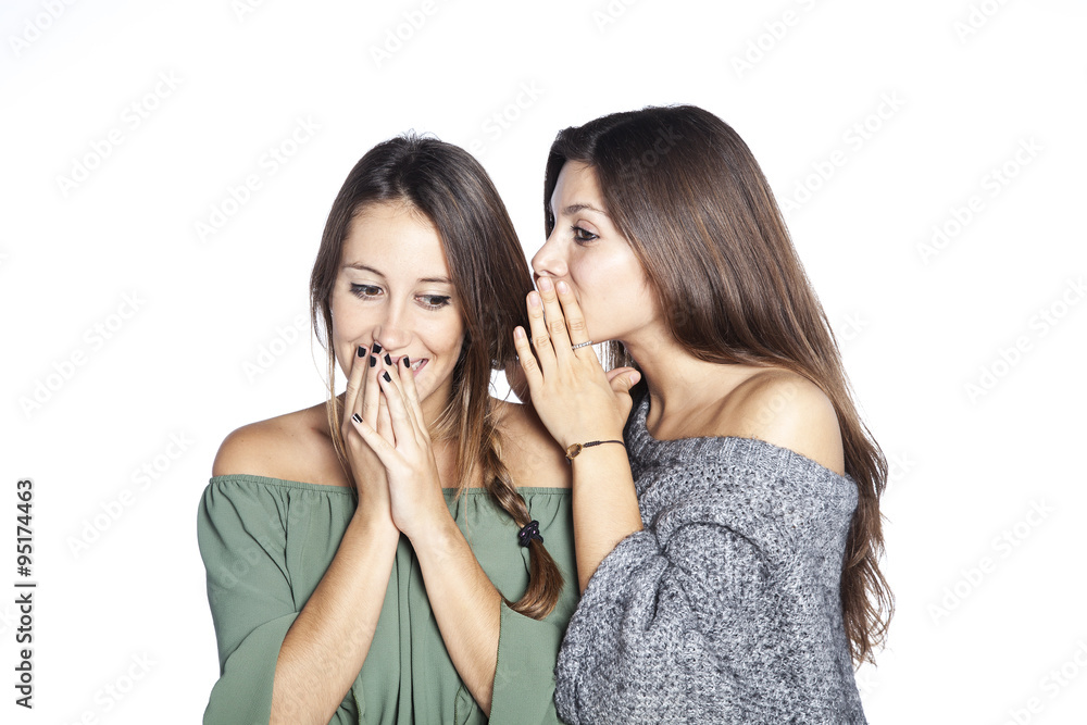 Good friends counting secrets isolated on white background Good friends counting secrets isolated on white background
