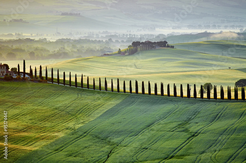 View of countryside in Tuscany province on sunrise. Italy