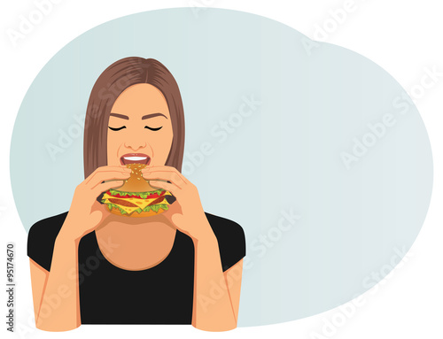 Beautiful woman with closed eyes is eating a cheeseburger. Fastfood.
