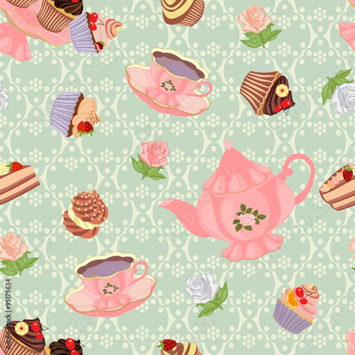 Seamless pattern with teapot, cups, cakes and roses.