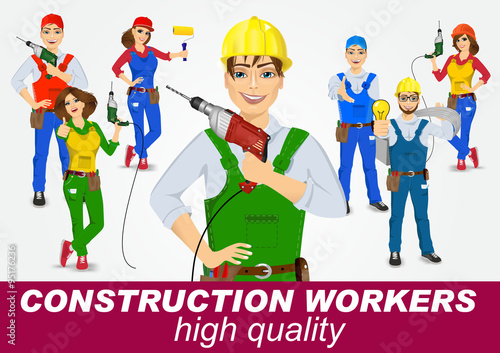 set of handymen and handywomen with drills