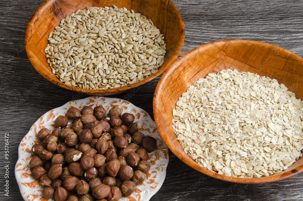 Hazelnuts, sunflower seeds and oatmeal Hazelnuts, sunflower seeds and oatmeal