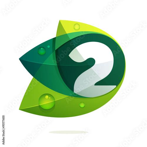 Number two with green leaves and dew drops.