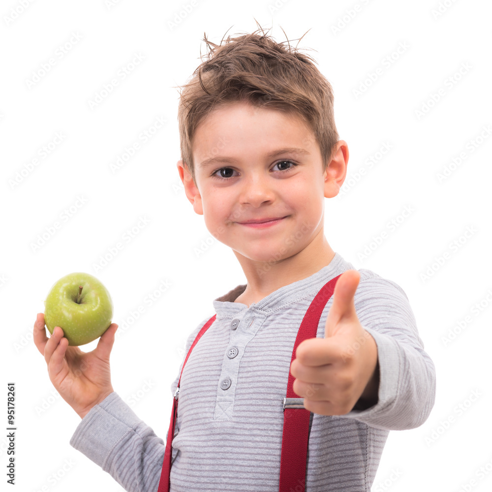 Kleiner Junge mit Apfel und Daumen hoch Kleiner Junge mit Apfel und Daumen hoch