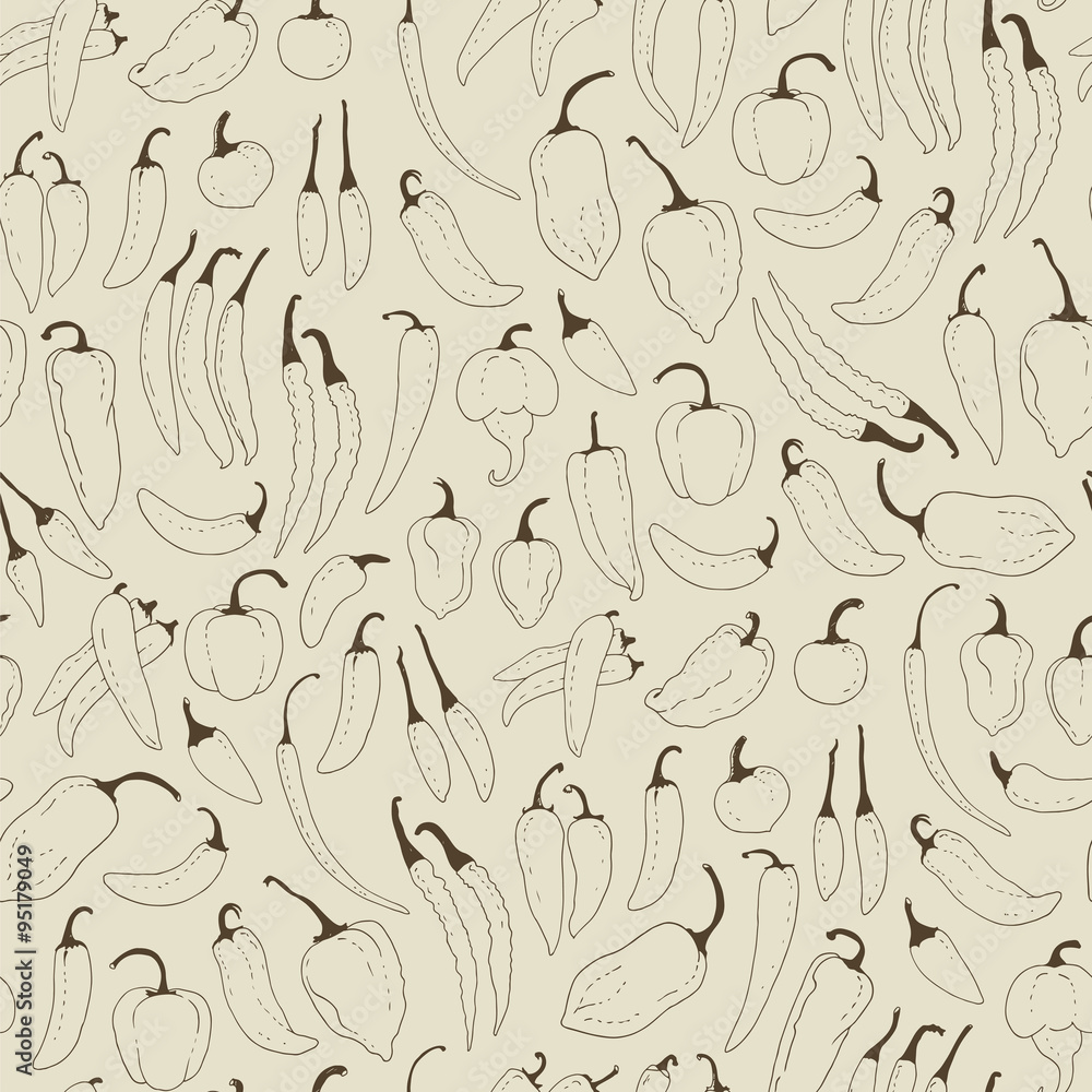 Hand drawn chili peppers on a beige background