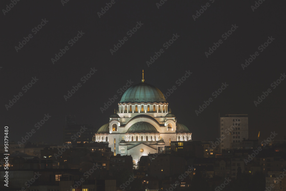 Night view of Belgrade, Serbia. The Church of Saint Sava is one of the largest Orthodox churches in the world.