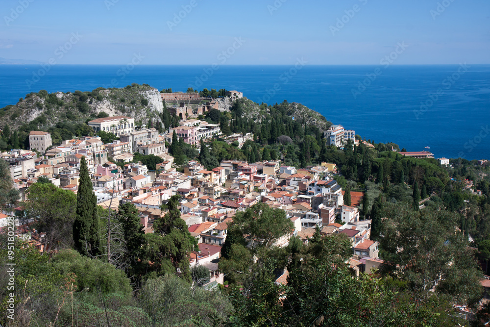 Looking down at the historic town of Taormina in Sicily