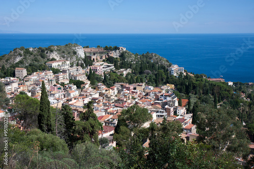 Looking down at the historic town of Taormina in Sicily