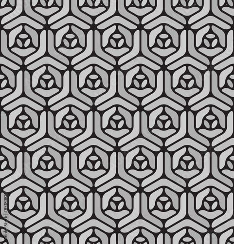 Vector Seamless  Black and White Rounded Line Geometric Hexagonal Pavement Pattern