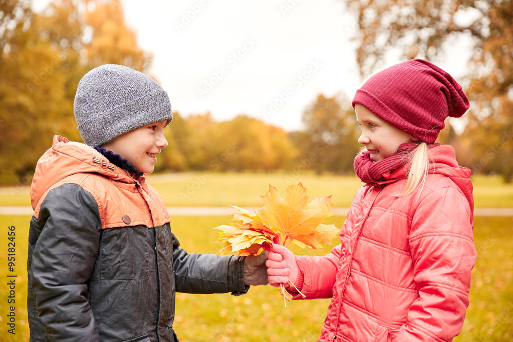 little boy giving autumn maple leaves to girl little boy giving autumn maple leaves to girl