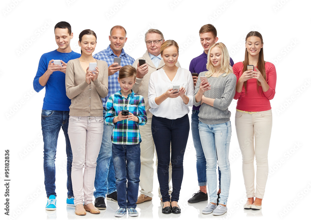 group of smiling people with smartphones group of smiling people with smartphones