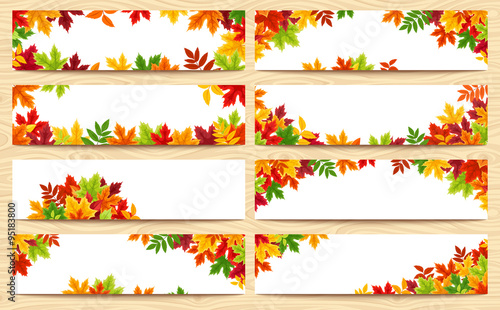 Set of eight vector banners with colorful autumn leaves.