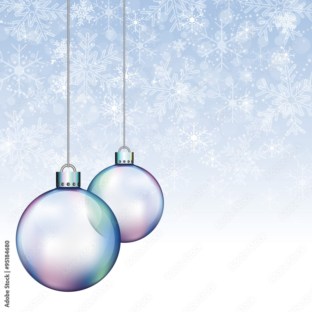 Soft blue Christmas background and glass baubles, with space for text. Soft blue Christmas background and glass baubles, with space for text.