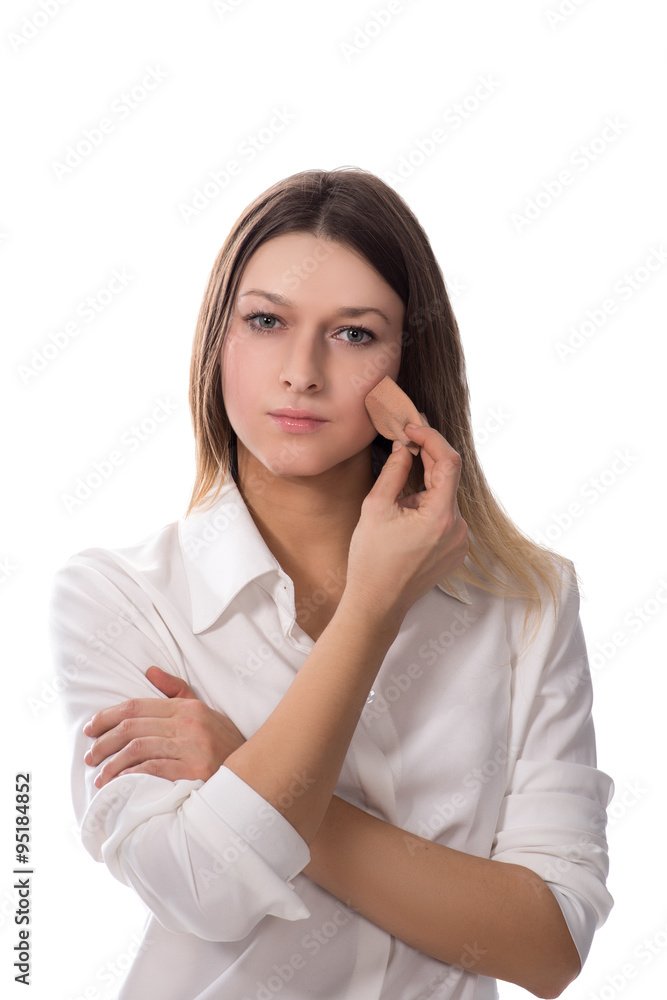 Beauty woman with sponge Isolated on white Beauty woman with sponge Isolated on white