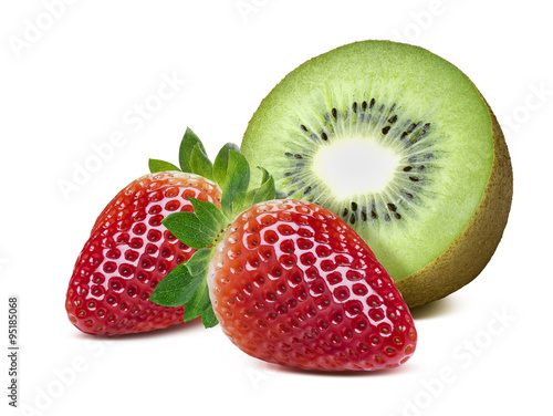 Kiwi 2 whole strawberry isolated on white background