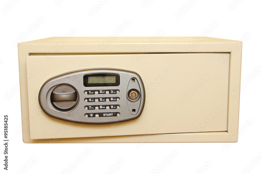 Metal electronic home safe isolated on white. Metal electronic home safe isolated on white.