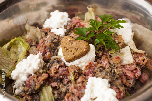 Barf (biologisch artgerechte Rohfütterung) Hundemenü mit Keks photo